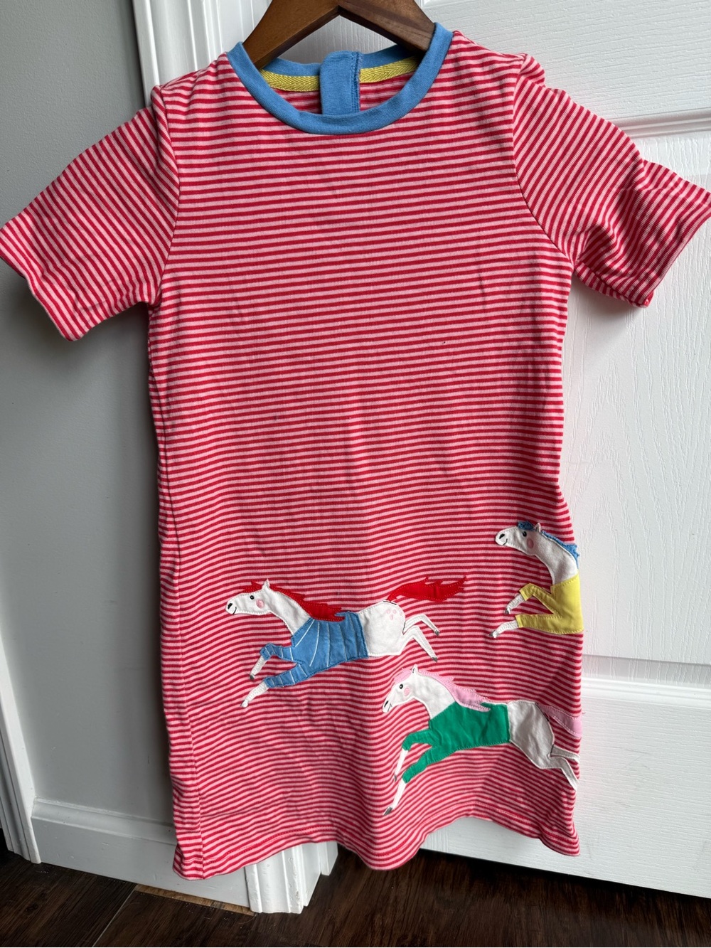 Joules Pink and red Striped short Sleeve horse patchwork dress